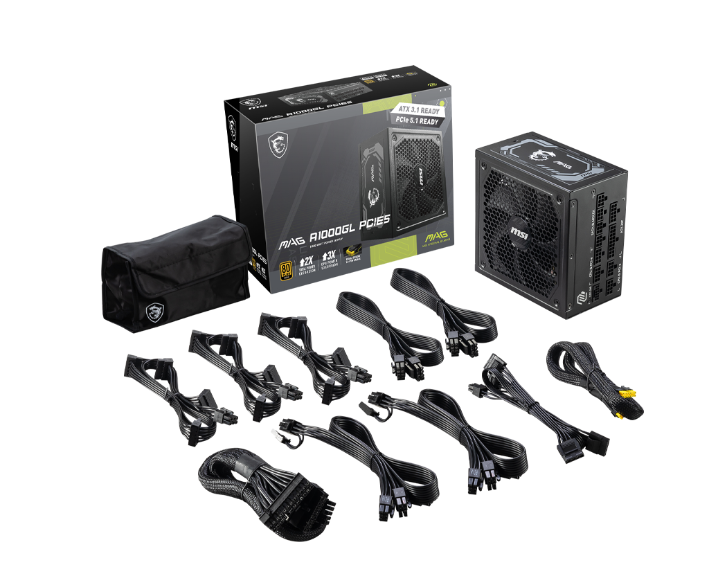 MSI MAG A1000GL 1000W 80 Plus Gold PCIE5 Fully Modular ATX 3.1 PCIe 5.1 Power Supply
