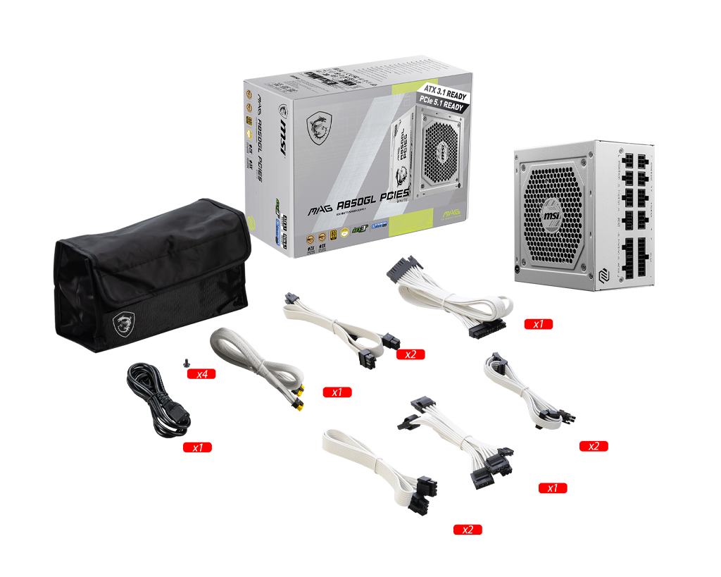 MSI MAG A850GL PCIE5 850W, 80 Plus Gold, Fully Modular ATX 3.0 PCIe 5.0 White Power Supply