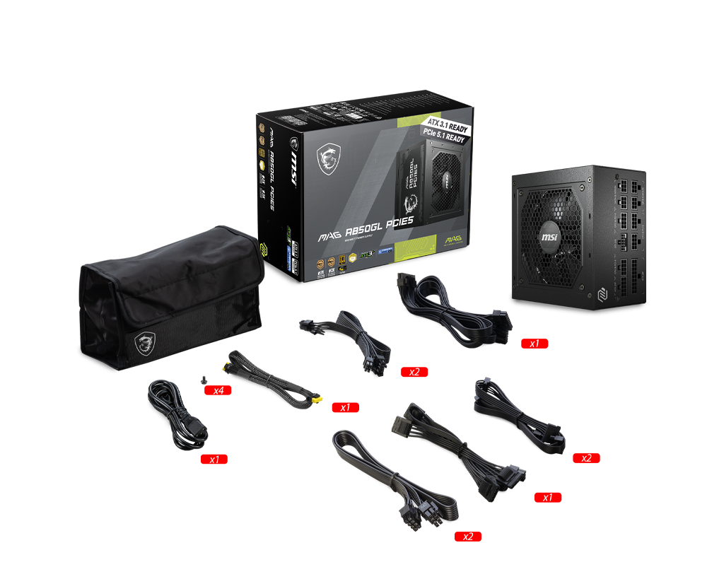 MSI MAG A850GL PCIE5 850W 80 Plus Gold Fully Modular ATX 3.1, PCIe 5.1 Power Supply