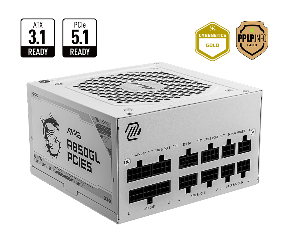 MSI MAG A850GL PCIE5 850W, 80 Plus Gold, Fully Modular ATX 3.0 PCIe 5.0 White Power Supply - Image 4