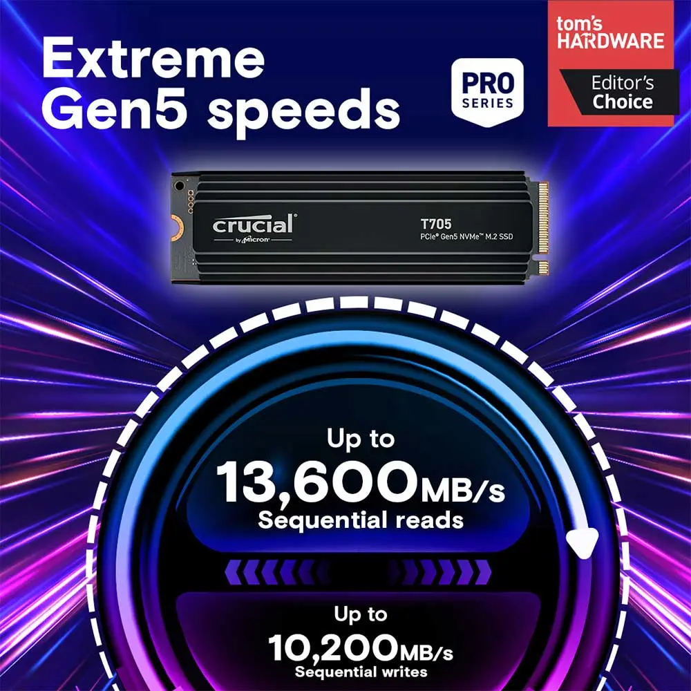 Crucial T705 1TB PCIe Gen5 NVMe M.2 SSD - Image 2